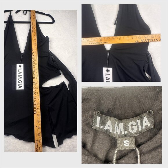 I.A.M.GIA Cecelia Black Halter Mini Dress S Side Slits Feminine Whimsy Grunge - Picture 10 of 12
